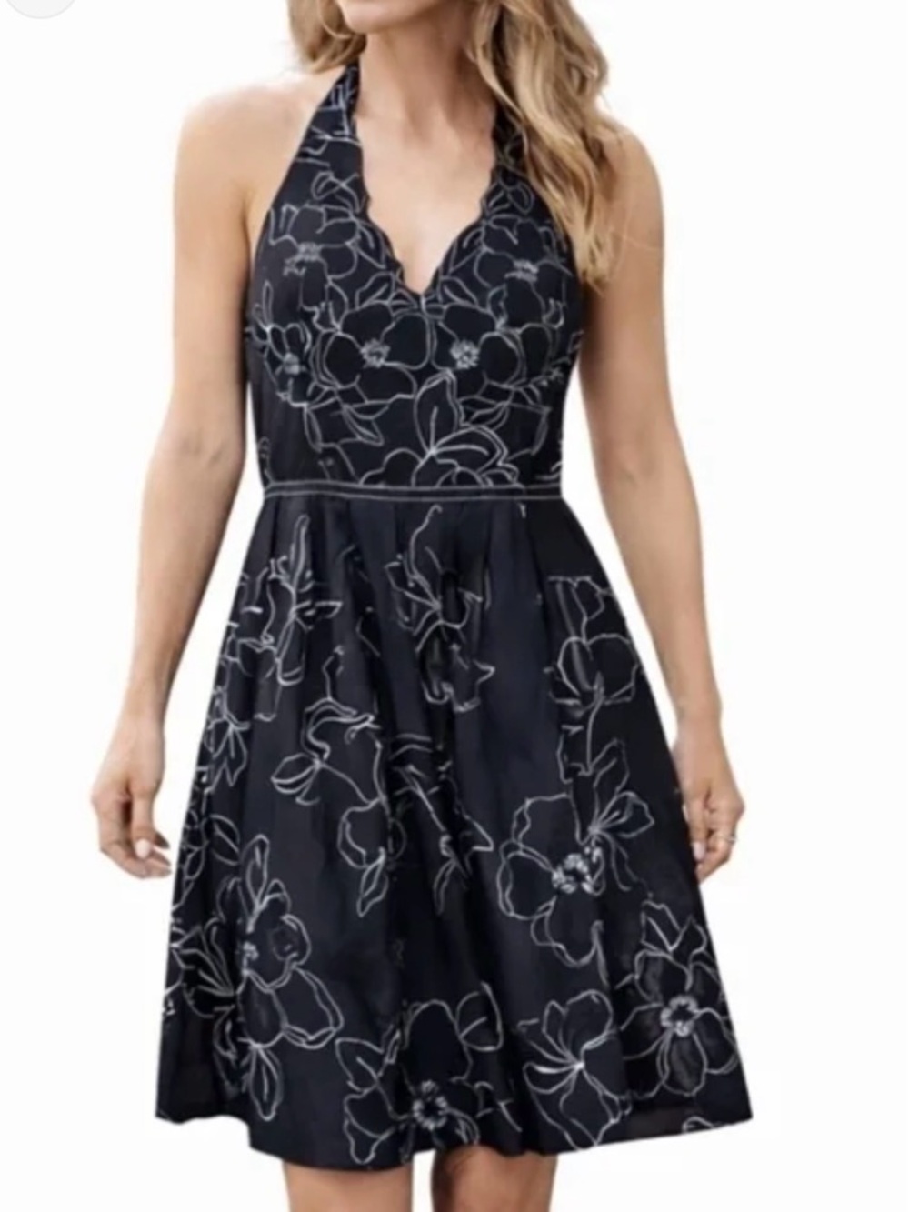 Ann Taylor A-Line Embroidered Floral V-neck Halter Dress